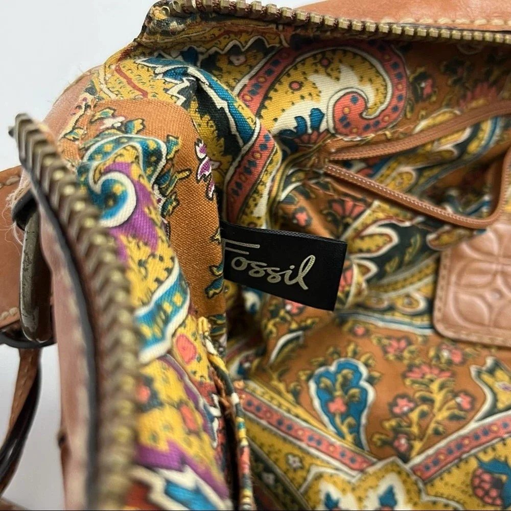 FOSSIL Brown Leather Stitched Adjustable Strap Paisley Lined Shoulder Bag Boho